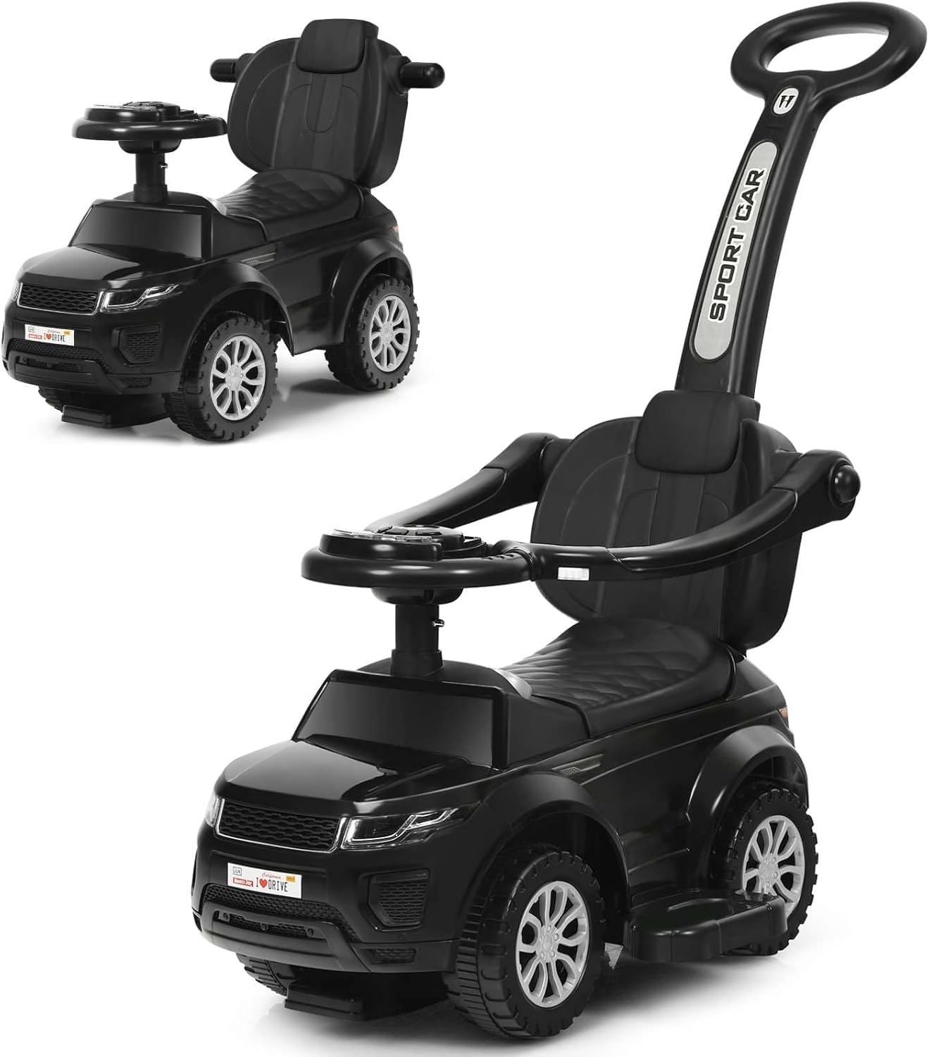 GYMAX 3 in 1 Kids Ride on Push Car, Push Along Car with Handle, Guardrails, Lights, Horn & Music, Underneath Storage, Toddler Sliding Toy for 1-3 Years Old Boys Girls (Black)