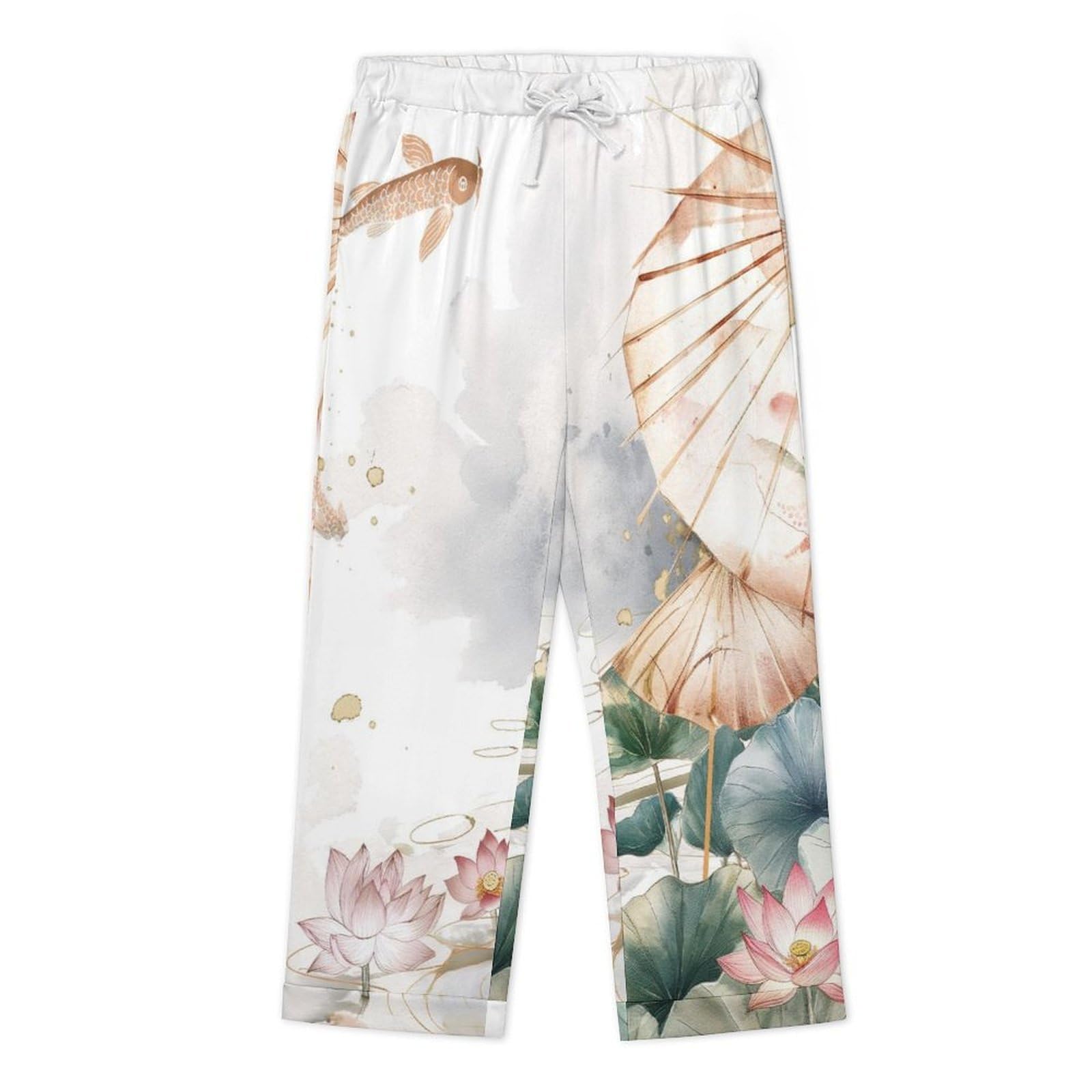 OLEETS Completo Pigiama da Uomo 2 Pezzi - Fiori E Foglie di Loto Rosa Top E Pantaloni in 2 Pezzi Pigiama Casual E Ampio A Maniche Lunghe Morbido Autunnale E Invernale.