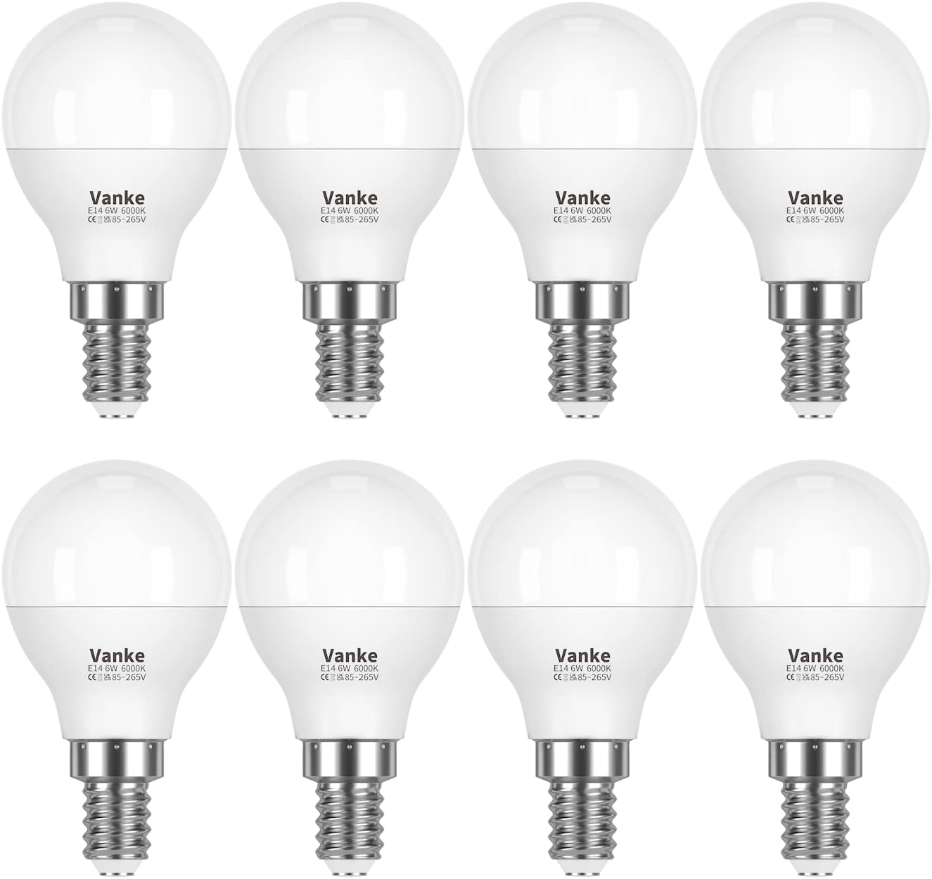 Vanke E14 LED Light Bulb Cool Light 6000K, SES Small Edison Screw Golf Ball P45 Bulb, 6W (Equivalent to 40W), 540 Lumen, Non-Dimmable, 8-Pack