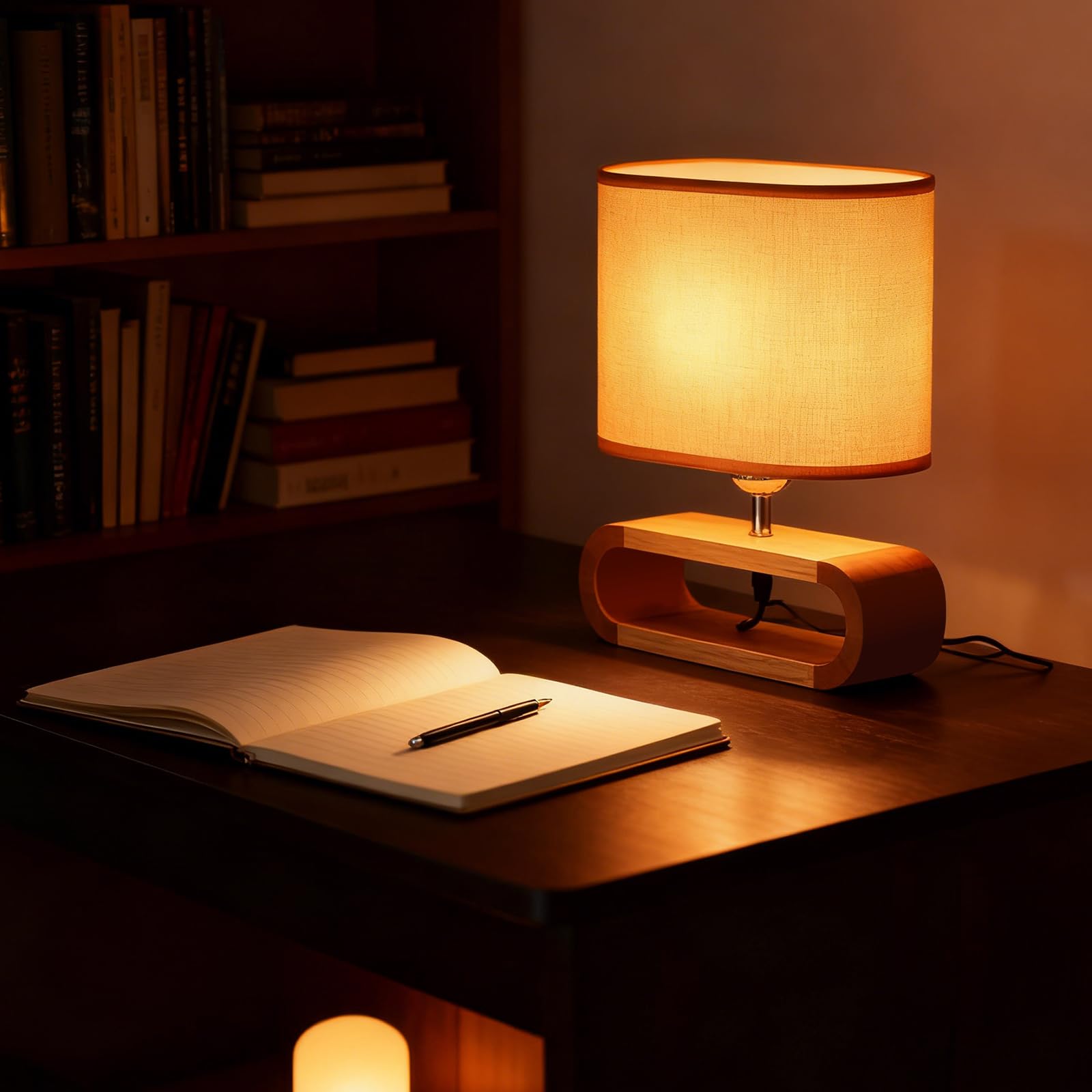Lampada da comodino in legno, lampada da tavolo con attacco E27, lampada in legno con paralume in lino, stile country, illuminazione vintage per camera da letto e soggiorno, beige | Moderna lampada da