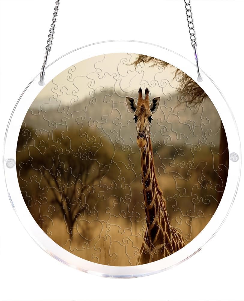 Giraffe in Savanna Landscape Acrylic Jigsaw Puzzles Suncatcher, 7.4 Inch Window Hanging Suncatcher Acrylic Puzzle, DIY Home Decor Art Gift