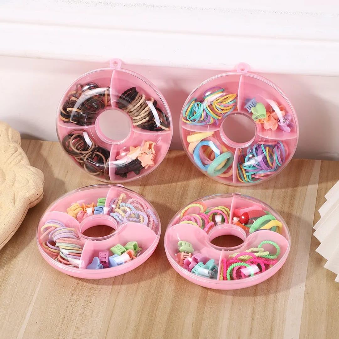 H-STYLE STORE Colorful Cute Round Boxed Hair Accessories Set Candy Colored Children Elastic Hair Bands Thumb Hair Tie and Mini Claw Clips Set(1BOX)-image-0