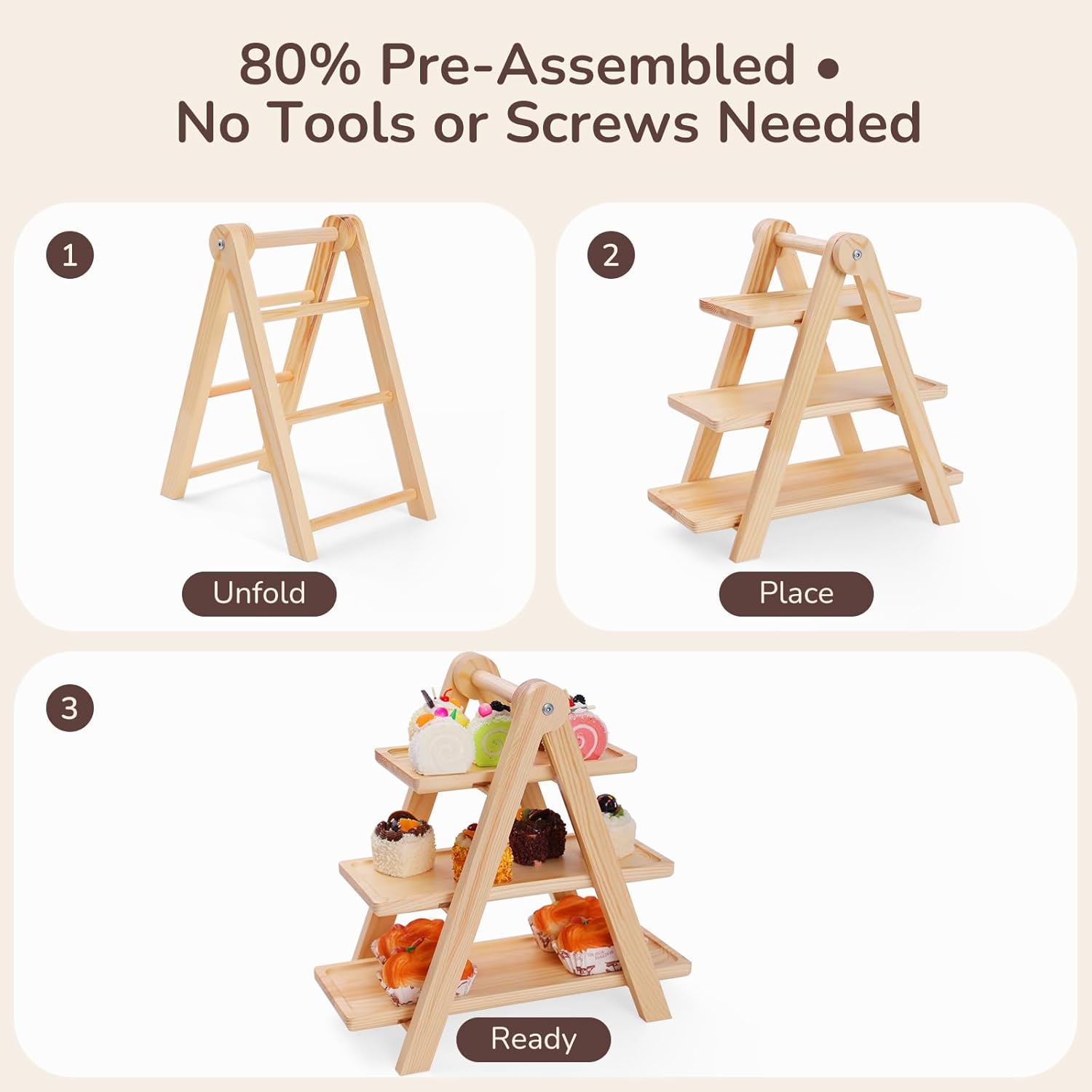 3-Tier Dessert Stand, 5.9" Extra-Wide Shelves, Natural Clear-Coated Finish, Stable & Easy-Clean Cupcake Holder for Afternoon Tea, Fruit, Snacks, Party Display - Image 7