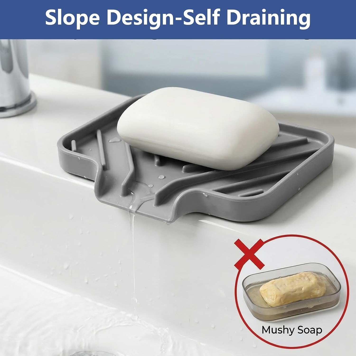 JACZZO Silicone Sponge Holder & Soap Dish for Kitchen Sink, 3.5"x5", Gray