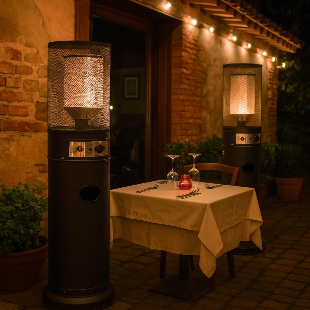 Stufa Patio a Gas da Esterno, Riscaldatore Gpl Portatile con Ruote, Bruciatore Riscaldante Arredo, per Terrazzo Patio Giardino Locali Ristoranti Bar, In Acciaio Potenza 13 Kw - NERO