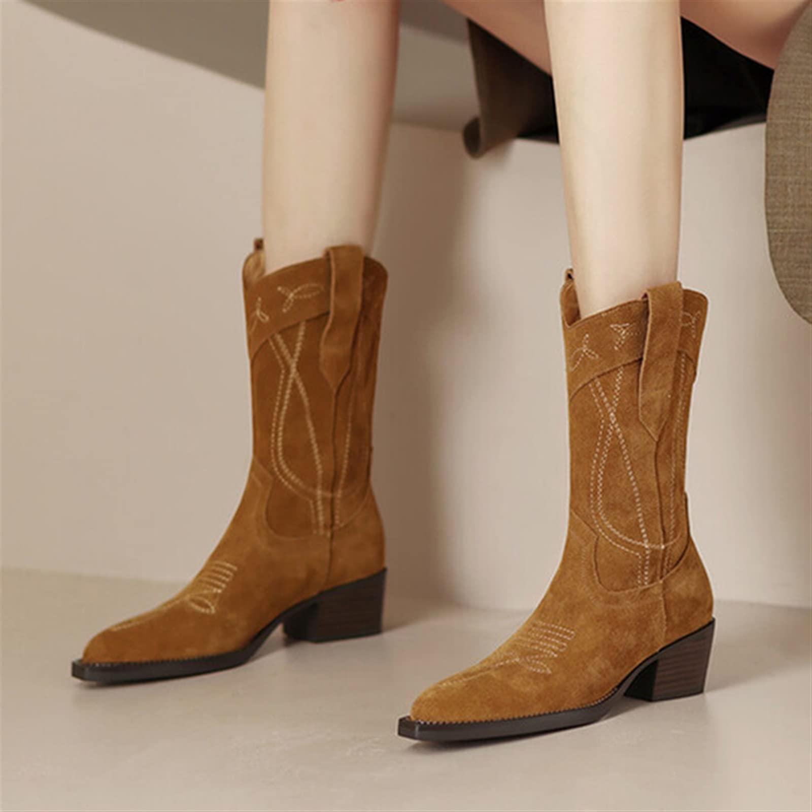 Stivali da donna Vintage Albicocca Suede Stivali da donna Breve Equitazione Ricamato Nero Autunno Jeans