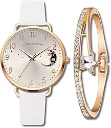 Conjunto Relógio Feminino com Pulseira Estrela "Inspiration" – Quartzo – Couro – Cristais Zircônia – Elegante e Delicado – Acompanha Caixinha