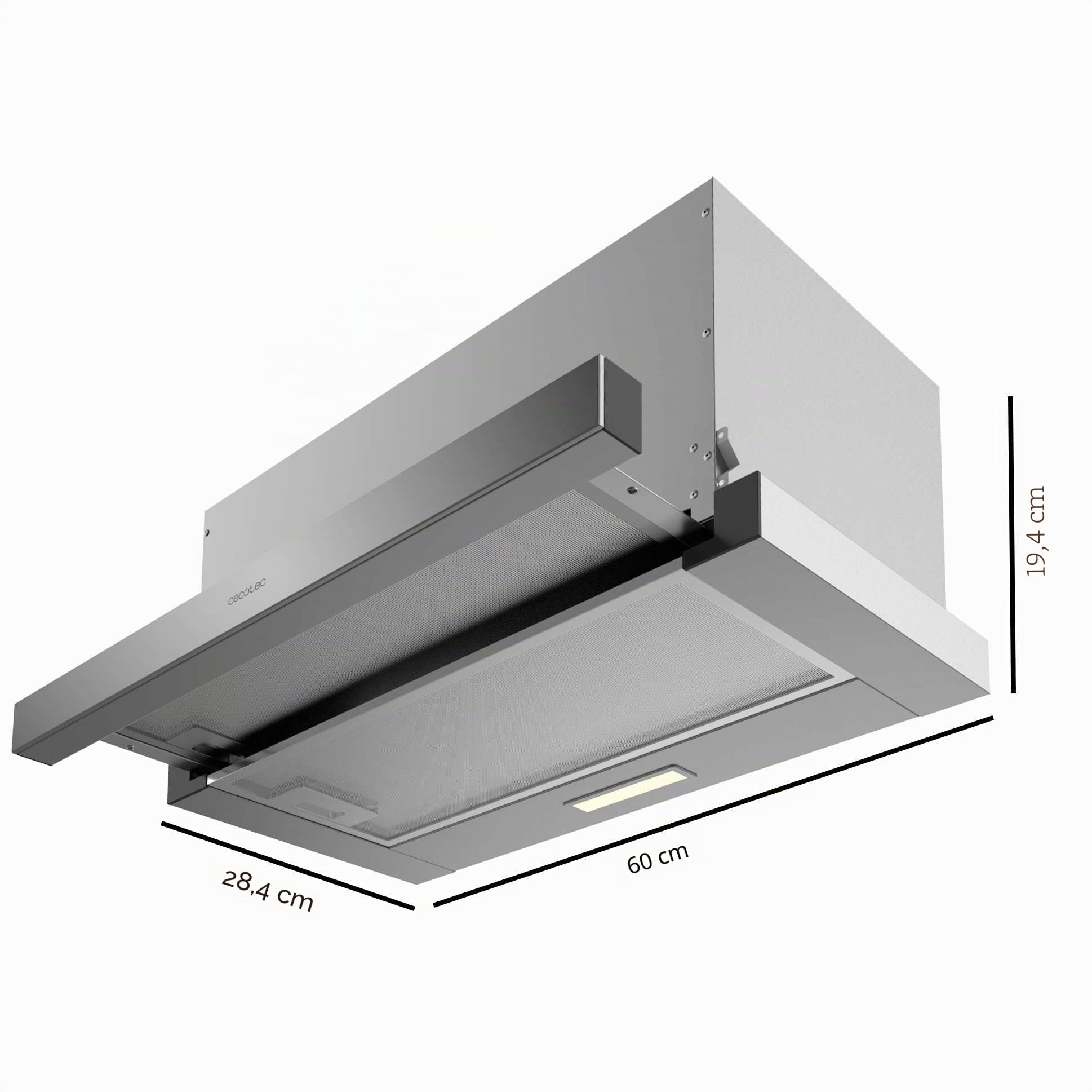 Cecotec Cappa aspirante telescopica da Bolero Flux TLM 603500 Inox A. Motore 70 W, potenza di aspirazione 60 cm, 350 m3/h, meccanico, 2 livelli di potenza, luce e filtro al carbonio, finitura, Inox