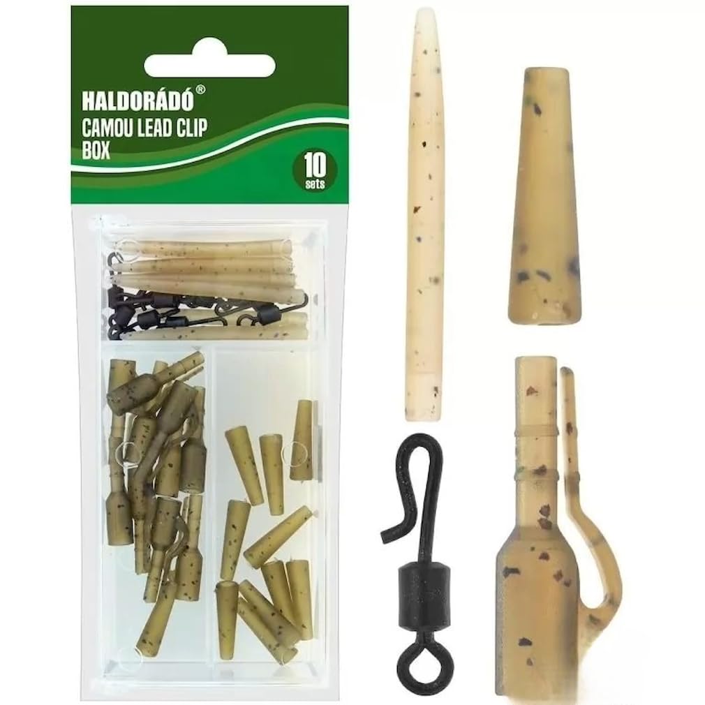 Haldorado Camou Lead Clip Box - 10 Complete Carp Fishing Rig Sets - Includes Safety Lead Clips, Tail Rubbers, Quick Change Swivels & Anti-Tangle Sleeves - Camouflage Brown