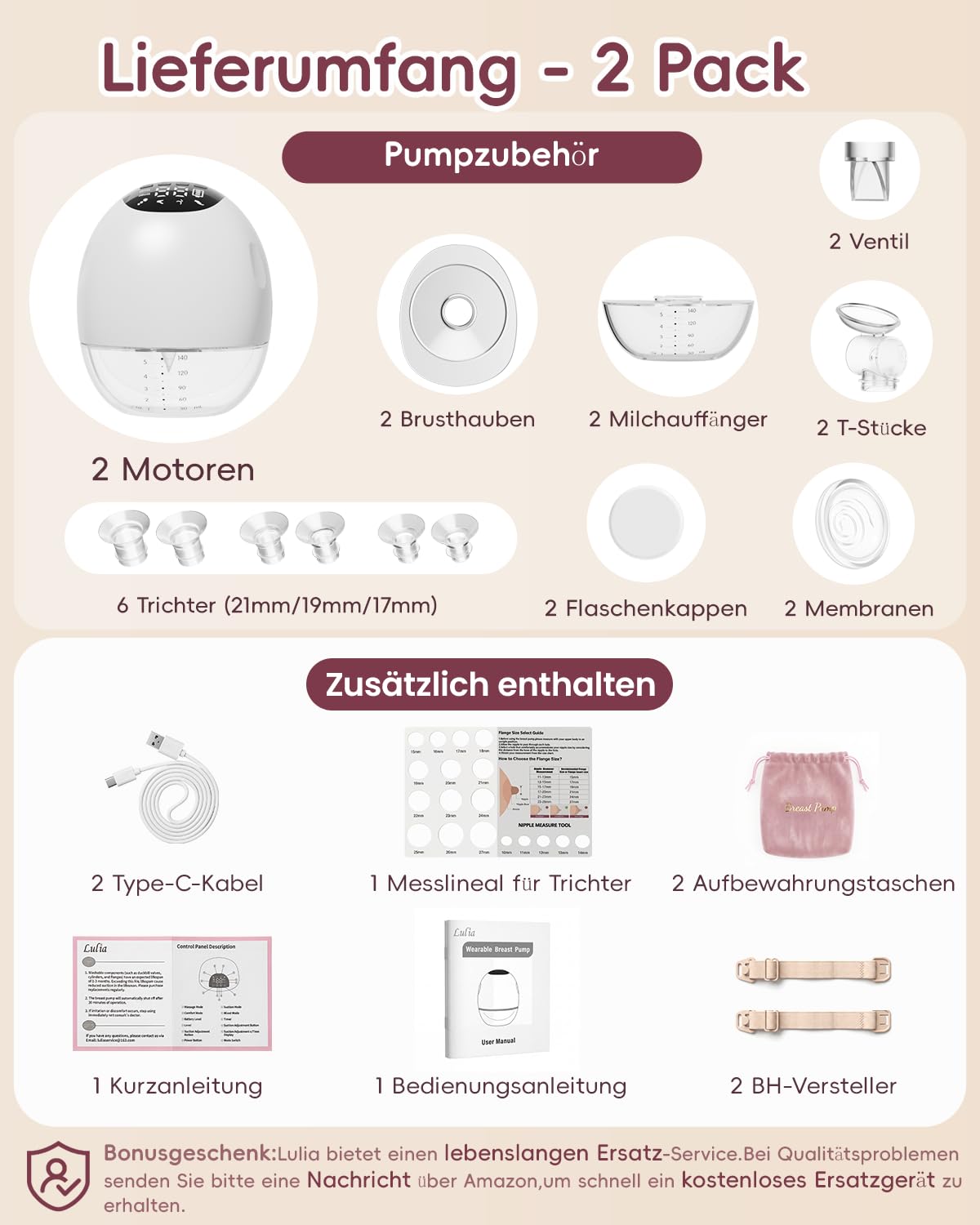 Lulia Milchpumpe Elektrische Doppel, Milchpumpe handsfree mit 4 Modi und 9 Stufen, Tragbare Elektrische Milchpumpen mit 17/19/21/24 mm Flansch, Auslaufsicher, BPA Frei (Weiß-2 Stück)
