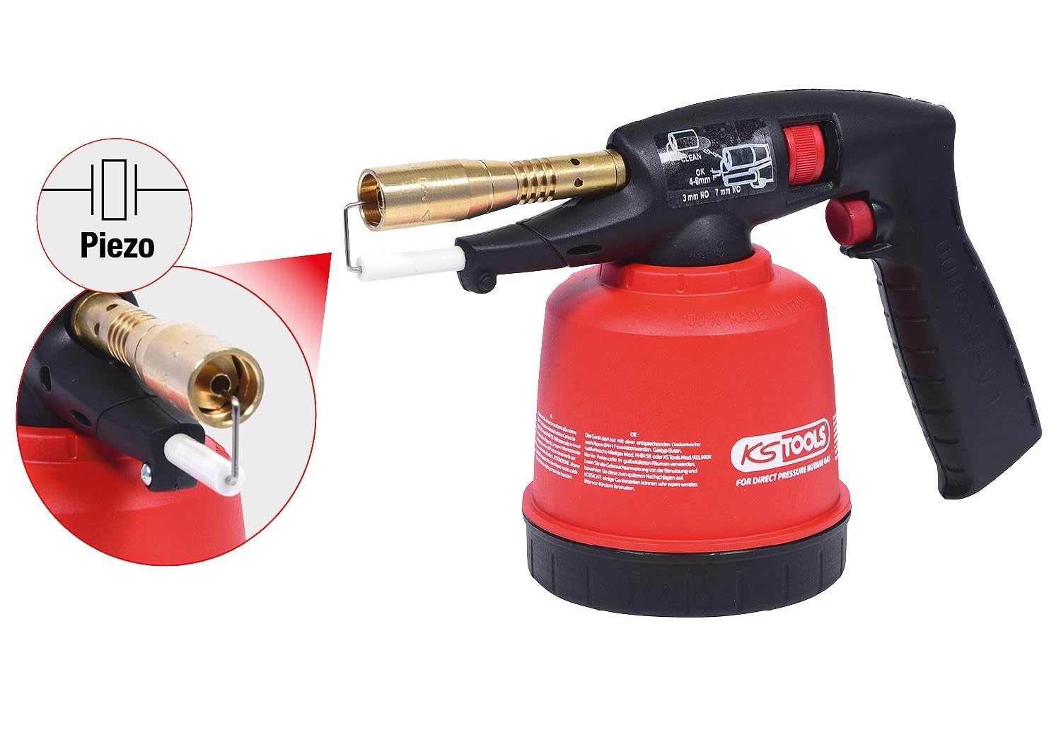 KS Tools 903.5902 Universal-Kartuschenlötgerät mit Piezo-Zündung, rot