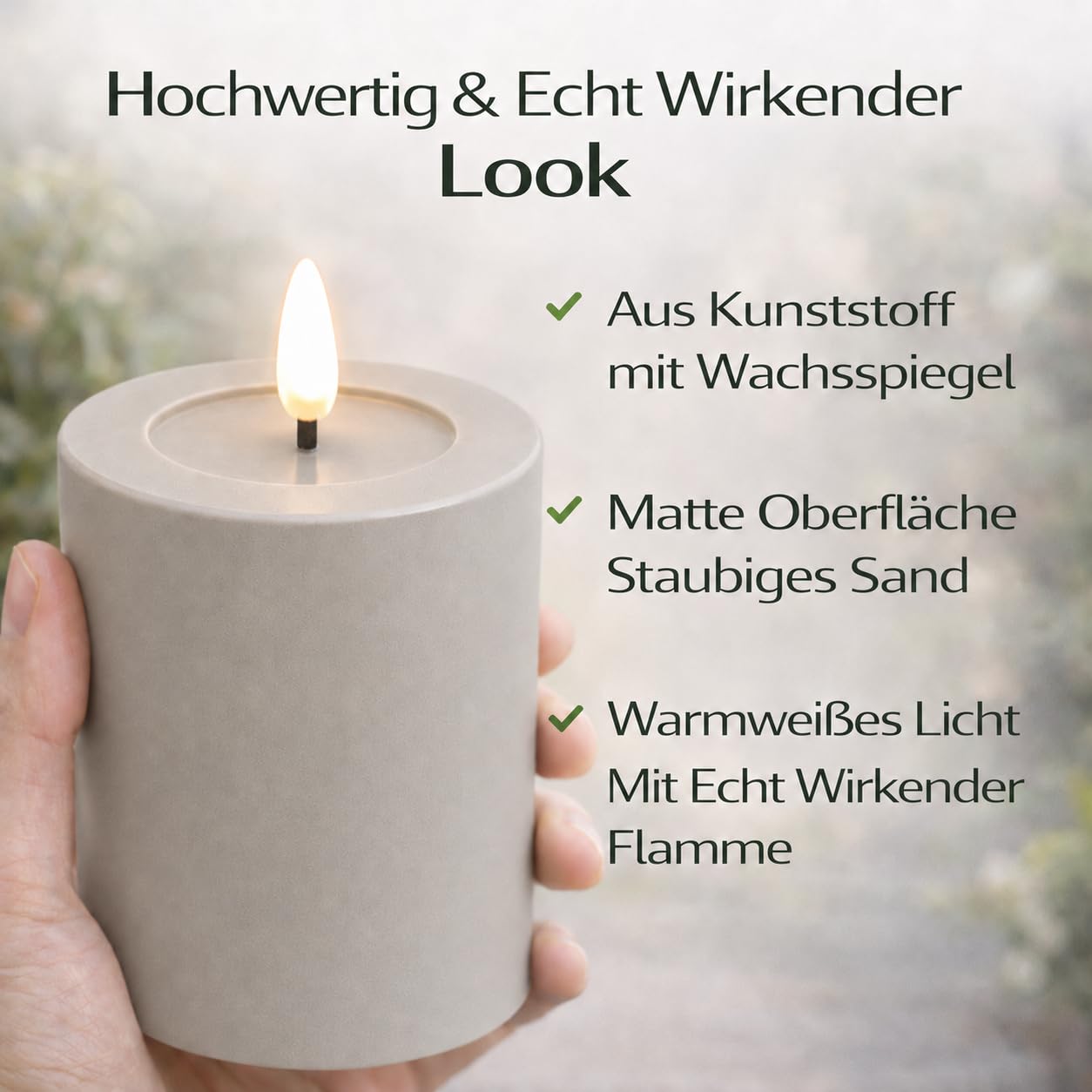 ReWu LED Kerze Deluxe Homeart Outdoor, Staubiges Sand | Kunststoff Kein Echtwachs, Realistische Flamme, Warmweißes Licht, Hitzebeständig für Aussenbereich