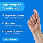 Vegan Magnesium Supplement | 3-in-1 Formula with Zinc & Vitamin D3 | Magnesium Glycinate, Malate & Citrate | Supports Bone, Muscle, & Heart Health | High Absorption & Bioavailability | 120 Capsules