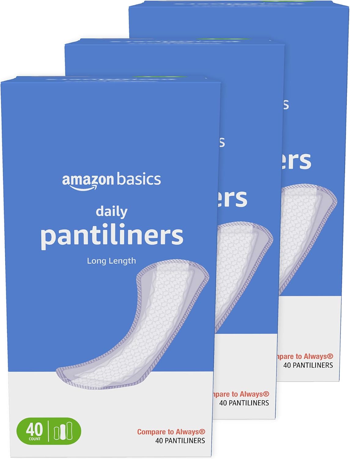 Amazon Basics Daily Pantiliner, Long Length, Pads for Women, Unscented, 120 Count (3 Packs of 40) (Previously Solimo) Amazon Basics Daily Pantiliner, Long Length, Pads for Women, Unscented, 120 Count (3 Packs of 40) (Previously Solimo)