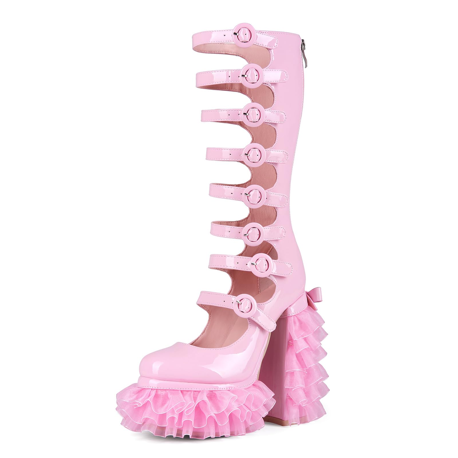 Pink Lolita Lace-Up Platform Block Chunky Boots Bow Knot High Heel Costume Footwear Gothic JK Pumps Boots Shoes