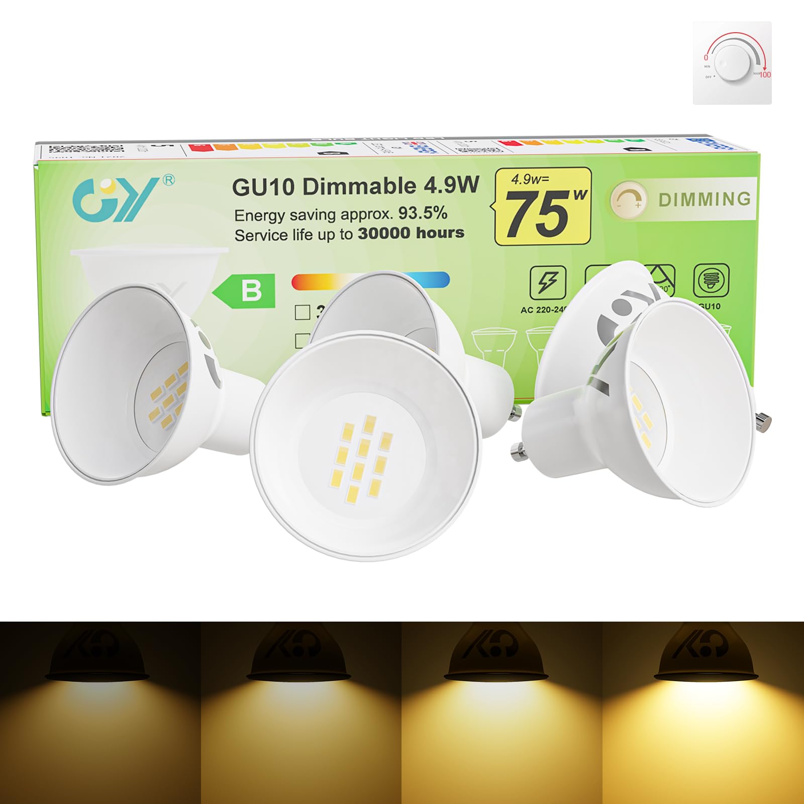 GY GY Dimmable GU10 Warm White LED Bulb, 4.9W 780LM 3000K High Energy Efficient Light Bulbs,Equivalent to 75W,120° Beam Angle,5-Pack