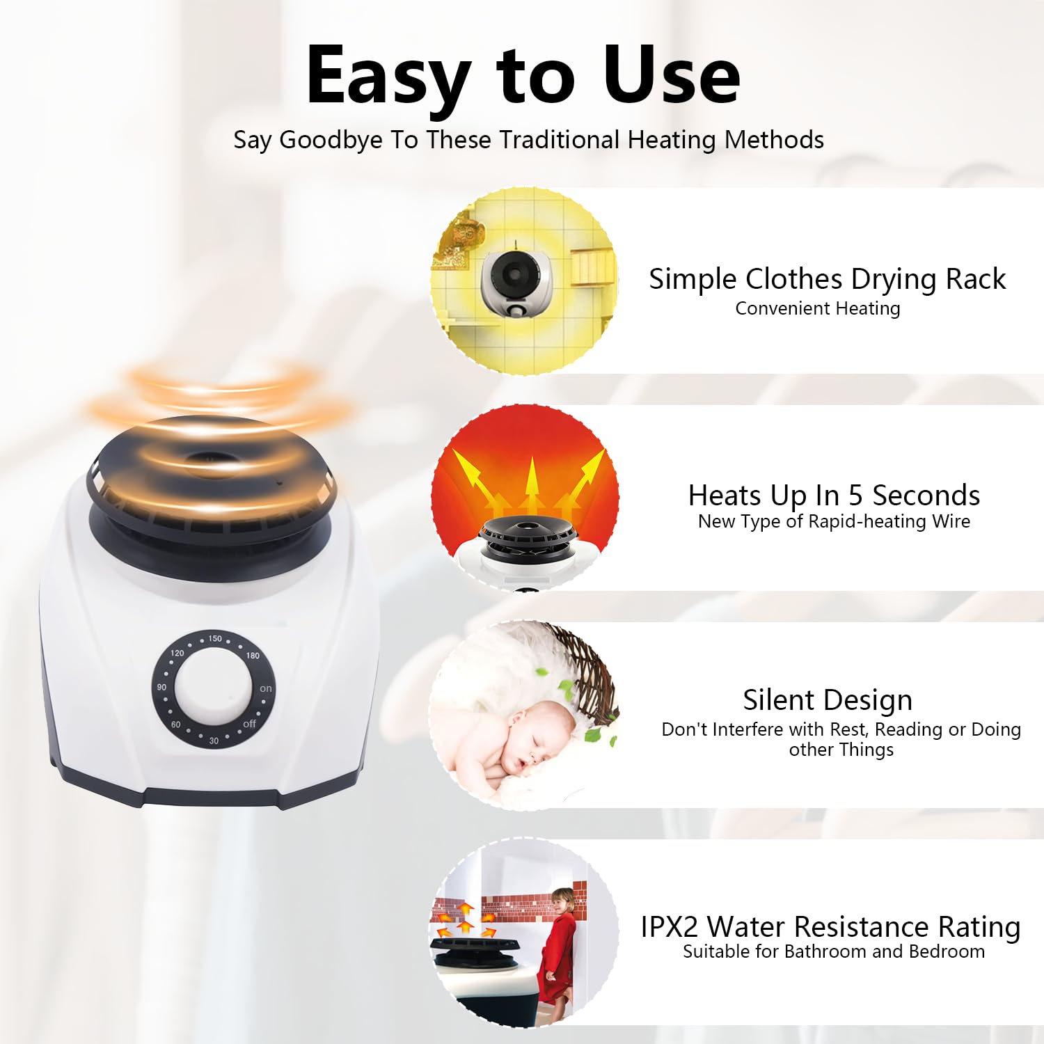 1200W Portable Electric Clothes Dryer Indoor, Heated Clothes Airer Drying Machine with 180 Min Adjustable Timer, 15KG Capacity Indoor Clothes Airer for Household Laundry, Apartments, White — view 5