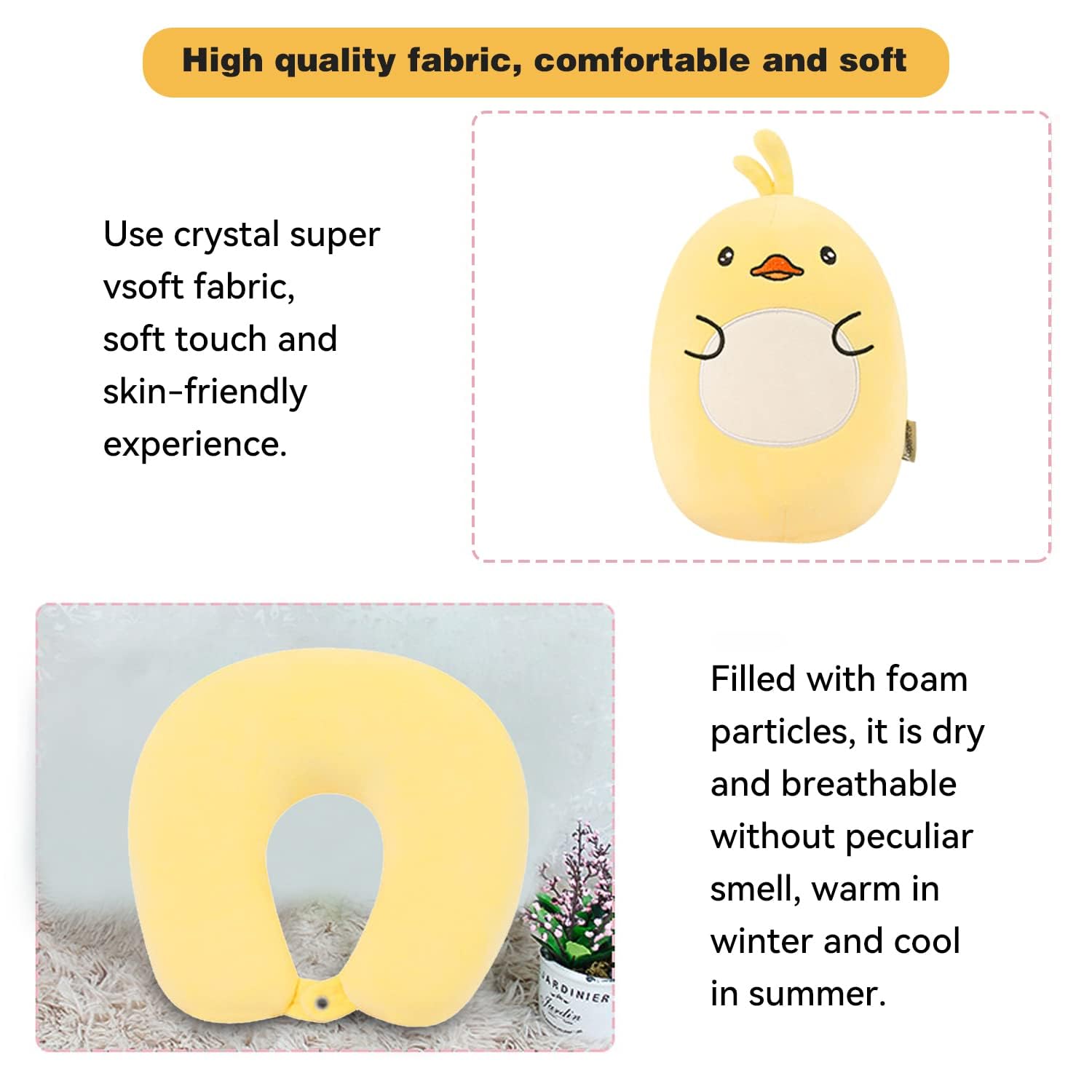 Appui-tête déformable 2 en 1 en forme de U, oreiller en peluche d'animal de dessin animé, oreiller de voyage portable en forme de U, oreiller de bureau, petit canard jaune