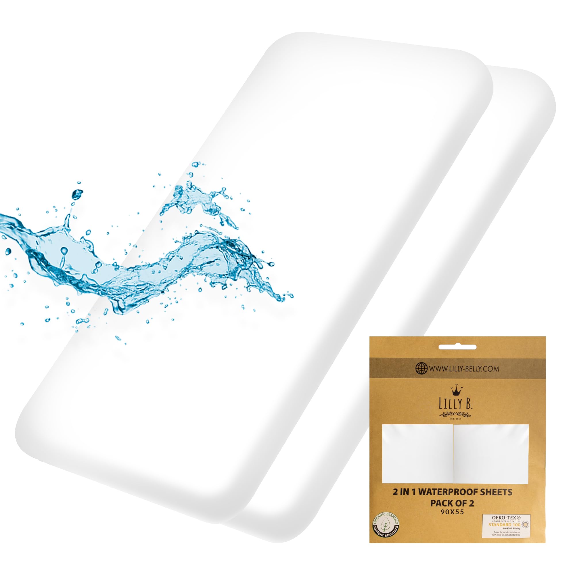 – Lilly Belly Pack of 2 - Next to Me Crib Sheets | Baby Essentials for Newborn 100% Organic Cotton Waterproof Crib Sheets 90x55 | Moses Basket Sheets| Cot Bed Sheets | Use as Mattress Protector