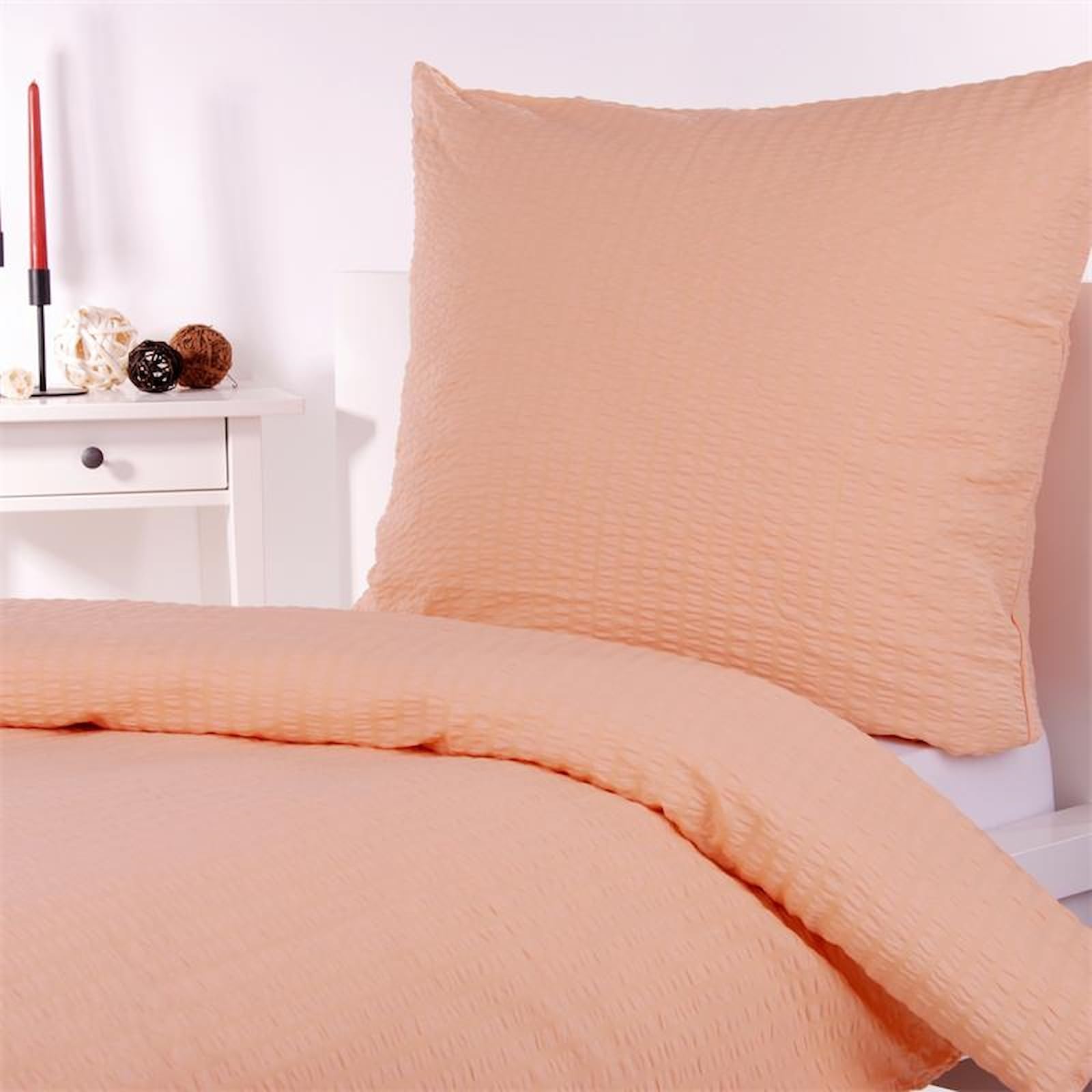 Hans-Textil-Shop Hotelbettwäsche Seersucker Apricot 155x220 + 80x80 cm – 100% Baumwolle, pflegeleicht, bügelfrei & Kochfest, mit Hotelverschluss : 