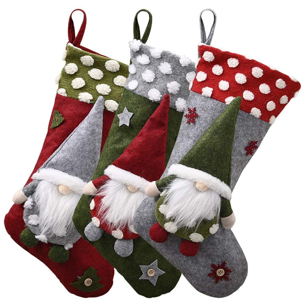 Donken Multicolored Christmas Stocking Set Of 3 Large Gnomes Santa Xmas Sock Sack Gift Bag For Adults And Kids, Fireplace Hanging Stockings Tree Decoration Christmas Ornament For Family
