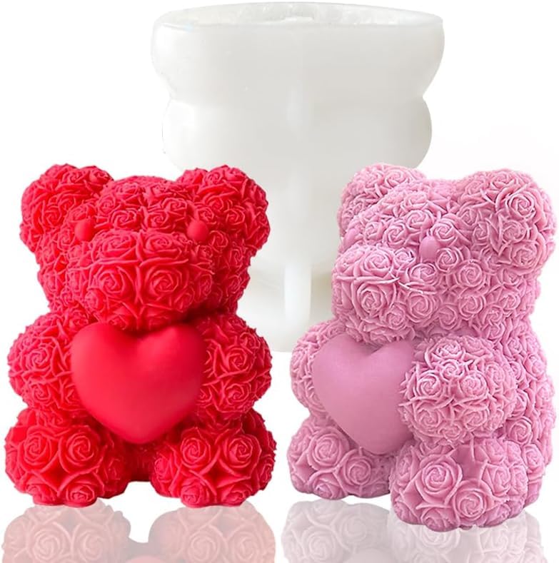 Shoppeecity Rose Bear Shape Candle Mold I 3D Teddy Bear with Heart Silicone Epoxy Casting Mould I for DIY Handmade Ornament, Cake Décor, Aromatherapy, Soap, Resin Art Craft Making Home Décor Birthday Gift Valentine's Day Gift (Large)