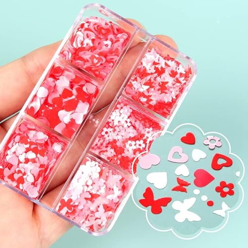 Valentine's Day Nail Art Glitters Heart Nail Art Stickers Decals 3D Holographic Pink Heart Flower Butterfly Glitters Sequins Designs Nails For Women Acrylic Nails Face Body Diy Decoration 6 Grids #TOP5