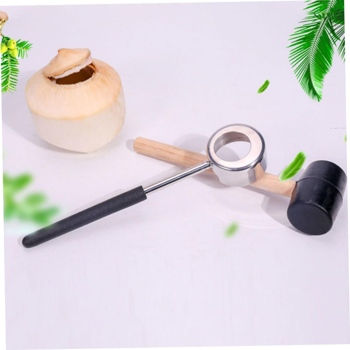 Set Opening Tool Fruit Shell Opener Meat Remover Corkickle Mature Opener Shell Puncher Meat Removal Tool Rubber Mallet Corkscrew Metal Opener Coconut Tools Gavel Bamboo Drinks