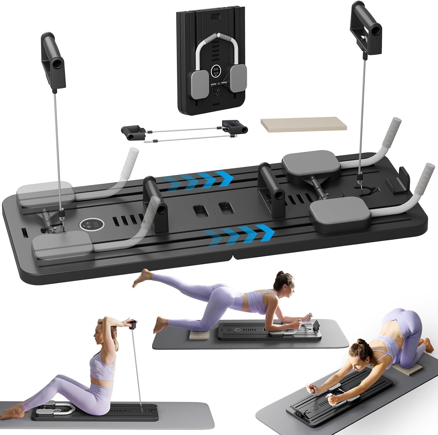 Pilates-hervormers, opvouwbare hervormer voor Pilates, multifunctionele fitnessplank, pilatesplank met led-teller, automatische rebound, verstelbare handgreep, oefenplank (paars