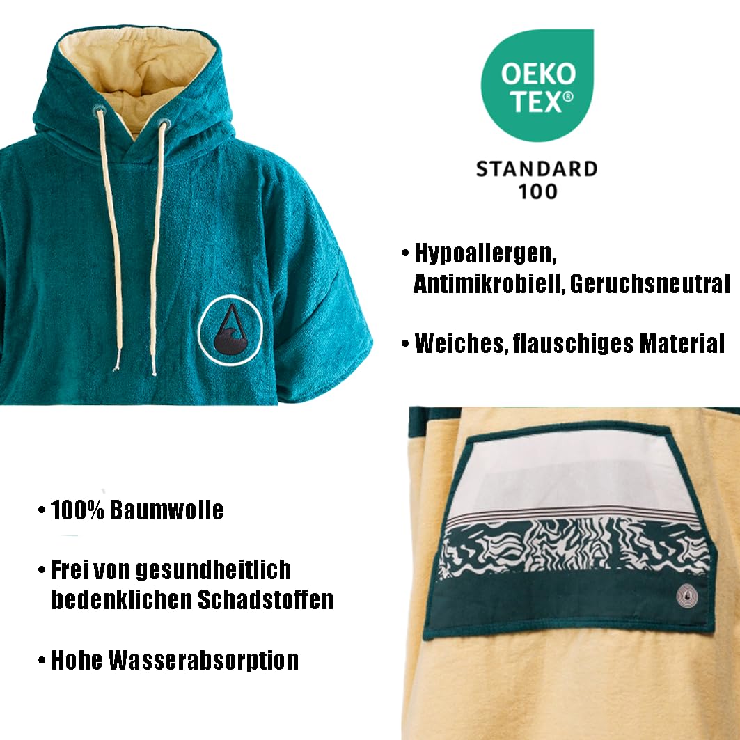 WAVE HAWAII Poncho Petrol Badeponcho 100% Baumwolle für Körpergrößen von 170-200 cm Umkleidehilfe für Schwimmen Strand Surfen Badetuch mit Kapuze Duschponcho für Damen Herren Erwachsene