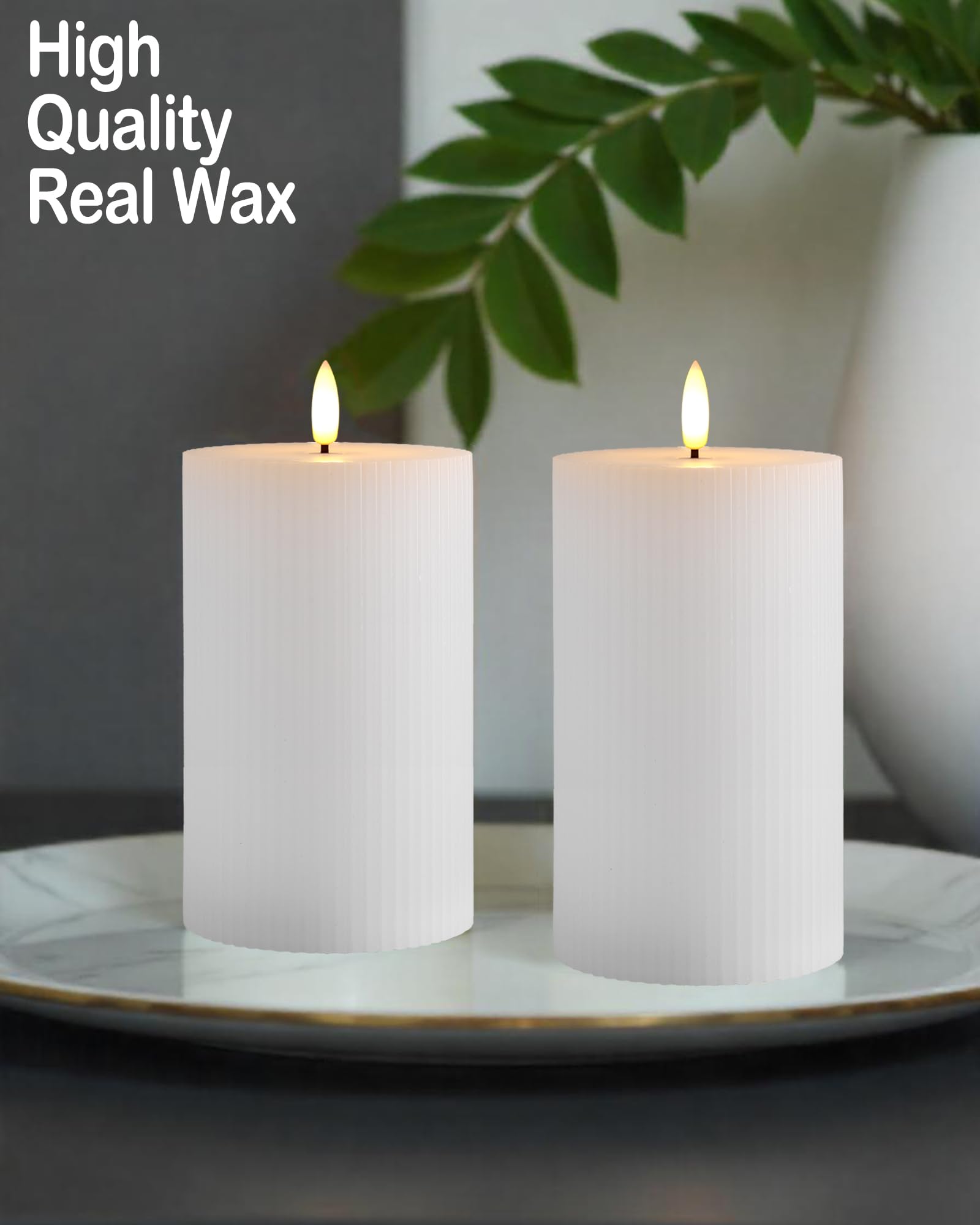 Gmnee Velas de pilar sin llama, paquete de 3 velas de más de 350 horas que funcionan con pilas con control remoto, temporizador, parpadeante, sin perfume, acanaladas, cera real, perfectas como velas