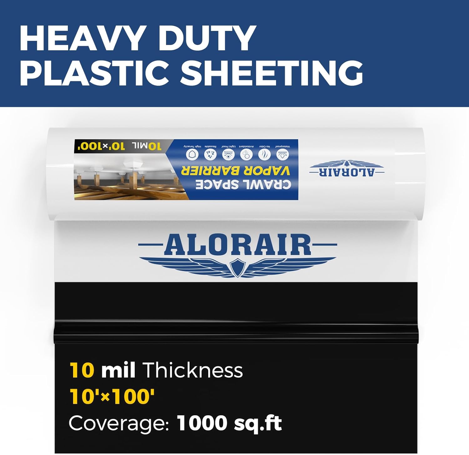 ALORAIR 10 mil Vapor Barrier for Crawl Space – 10' x 100' Heavy-Duty Plastic Sheeting – Black/White Panda Film – Crawlspace Encapsulation, Ground Cover, Drop Cloth – Commercial & Residential Use