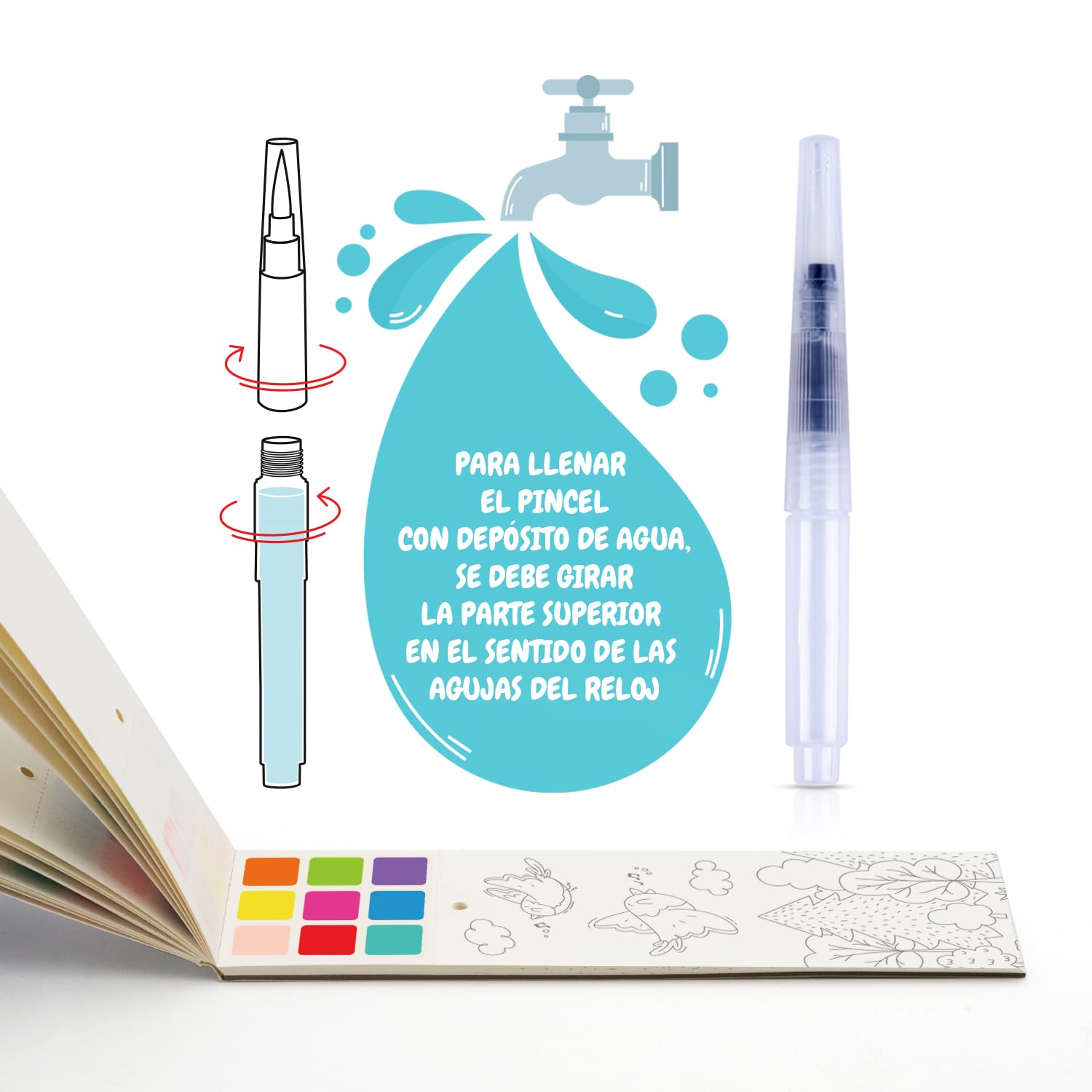 Festicy Libro para colorear de acuarela con pincel de depósito de agua, edición 2025, 25 páginas, ideal para viajes y vacaciones