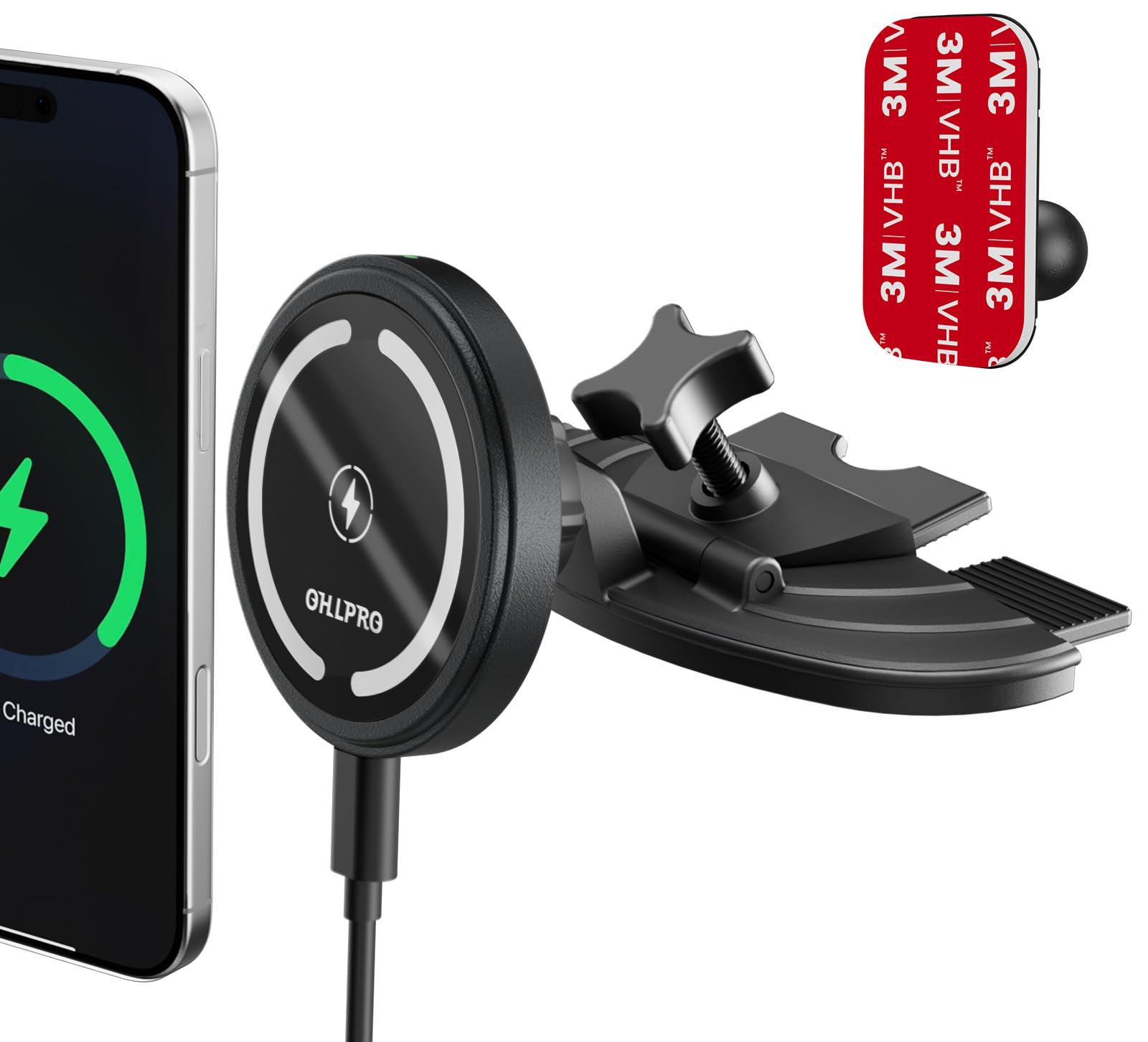 OHLPRO 15W Magsafe Car Mount Charger for iPhone 17, Fast Wireless Charging Magnetic CD Slot Holder with 3M Adhesive Base for Dashboard, Aluminum Shell