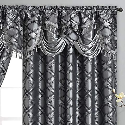 GOHD Dance with Wind. Jacquard Window Curtain Panel Drape with Attached Fancy Valance. 2pcs Set. Each pc 54" Wide x 84" Drop with 18" Valance. (Black Grey) Cover