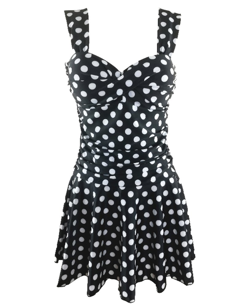 Ladies Polka Dot Swimming Costume Dress Two Piece Tankini Sets Swimwear with Skirt Bottom