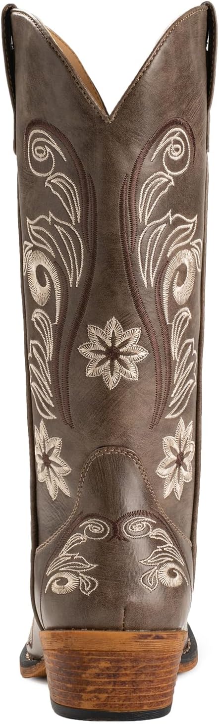 IUV Cowboy Boots For Women Mid Calf Cowgirl Boots Embroidered Pull-On Tabs Snip Toe Boot