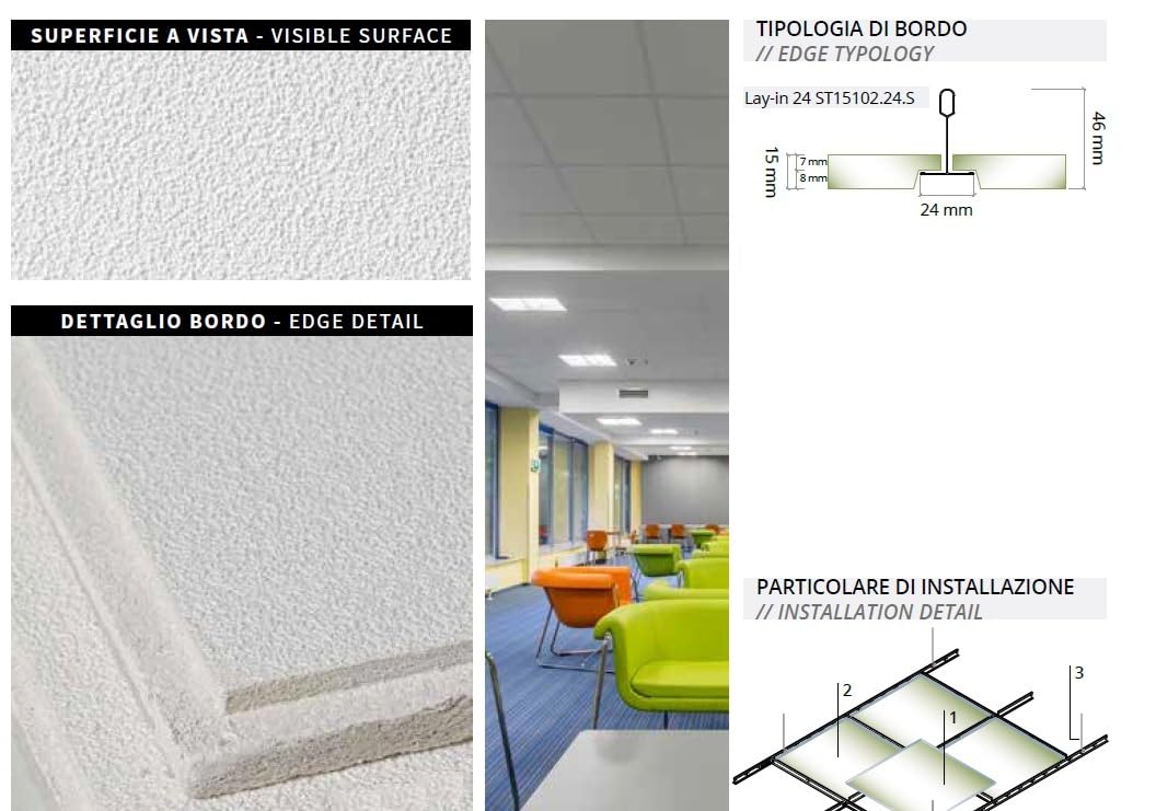 Pannelli controsoffitto 60x60x1.5 cm 12 pezzi in Fibra Minerale Confezione da 4.32 mq Finitura BUCCIATA montaggio a INCASSO ST15102.24.S bordo a vista