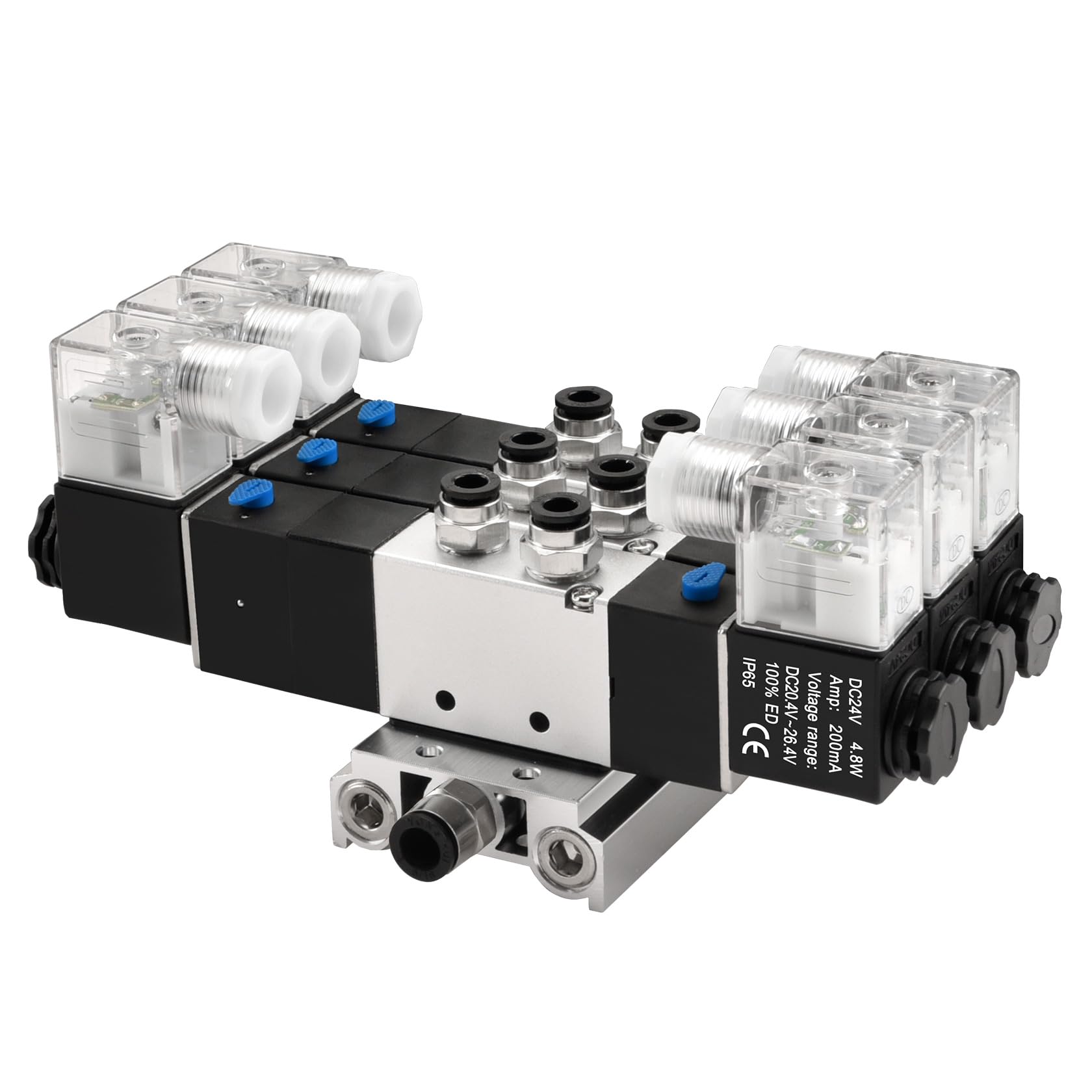 Heschen 4V230C-08 - Juego de colector de válvula solenoide triple neumática eléctrica, 24 V CC, PT 0.25 pulgadas, 5 vías, 3 posiciones centrales cerradas, kit completo con base de colector