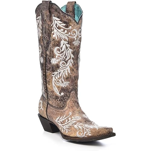 Corral Boots Women's Brown Handcrafted Western Boots | Snip Toe Cowboy Boots with Glow-in-the-Dark White Feather and Floral Embroidery