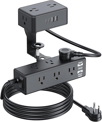 Regleta de alimentación con abrazadera de escritorio de 13 tomas, 2 puertos USB-C, 2 puertos USB-A, salida de montaje en borde de escritorio,
