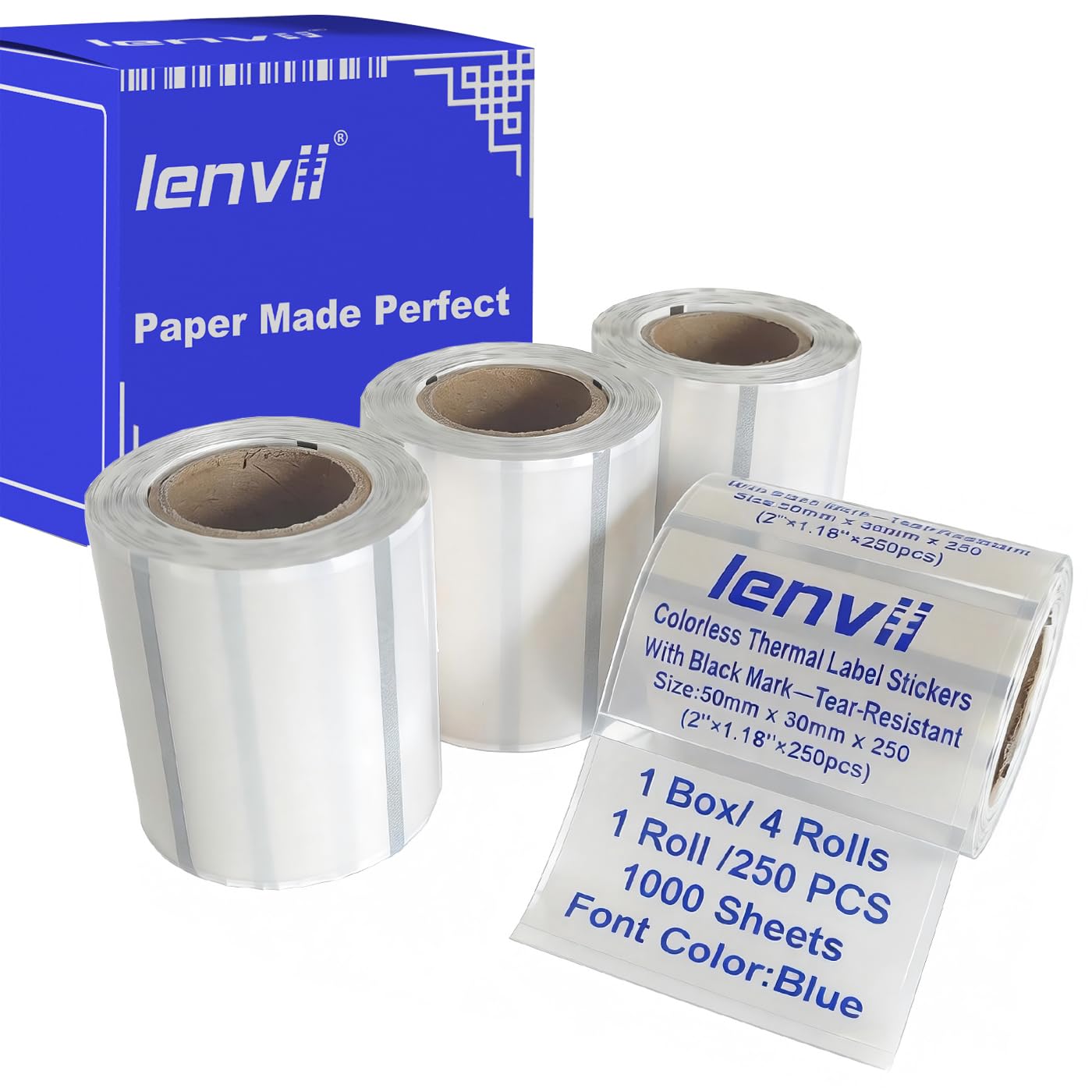LENVII Blue Font 50 x 30 mm (1.97 x 1.18 inches) Transparent Thermal Labels 1000 Sheets - 4 Rolls x 250 Labels, Tear-Resistant, Waterproof, Oil Resistant, Scratch-Resistant, Self-Adhesive Clear