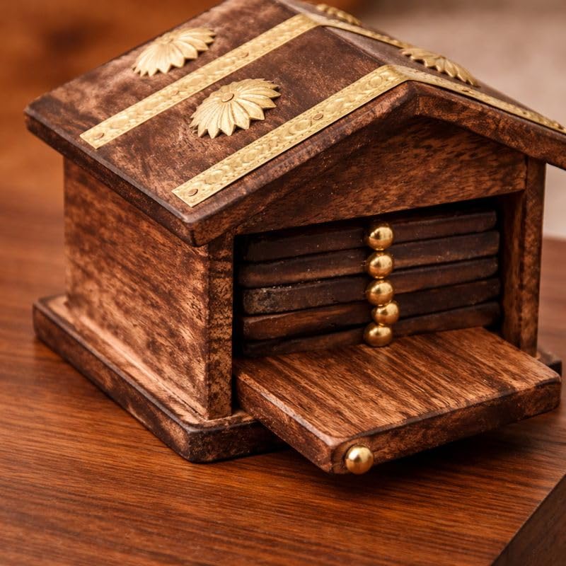 Image of Kundi Handmade Hut Style Wooden Coaster Set with Holder | Hot & Cold Drink Coasters for Tea, Coffee & Dining Table Decor