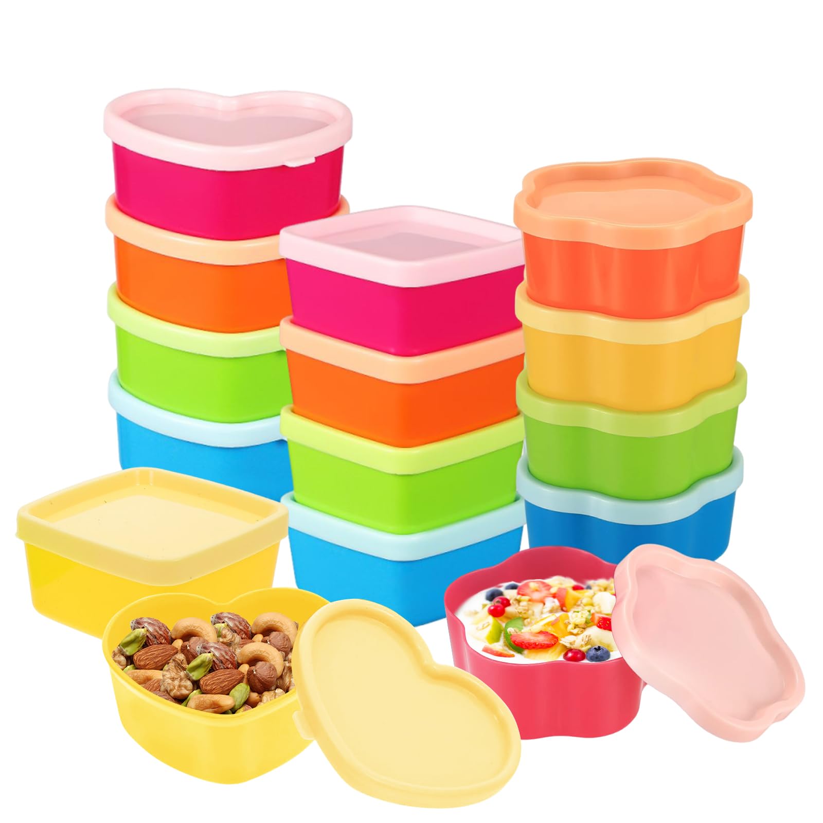 Hiuyavy Colourful Small Food Containers With Lids, Plastic Snack Pots With Animal Fruit Fork, Reusable Stackable Small Pots For Lunch Yoghurt Spices Nuts