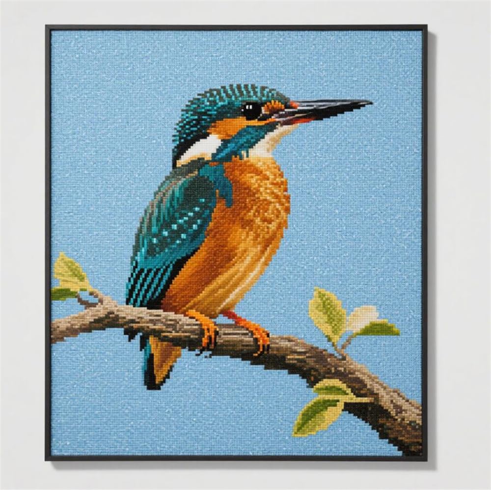Hdfvlfdsa Crafts Stamped Cross Stitch Kits Preprinted Pattern Counted Embroidery Kingfisher On A Tree Branch 30X40Cm Starter Kits for Beginner Kids and Adults Stamped 11Ct Adult Craft Kits