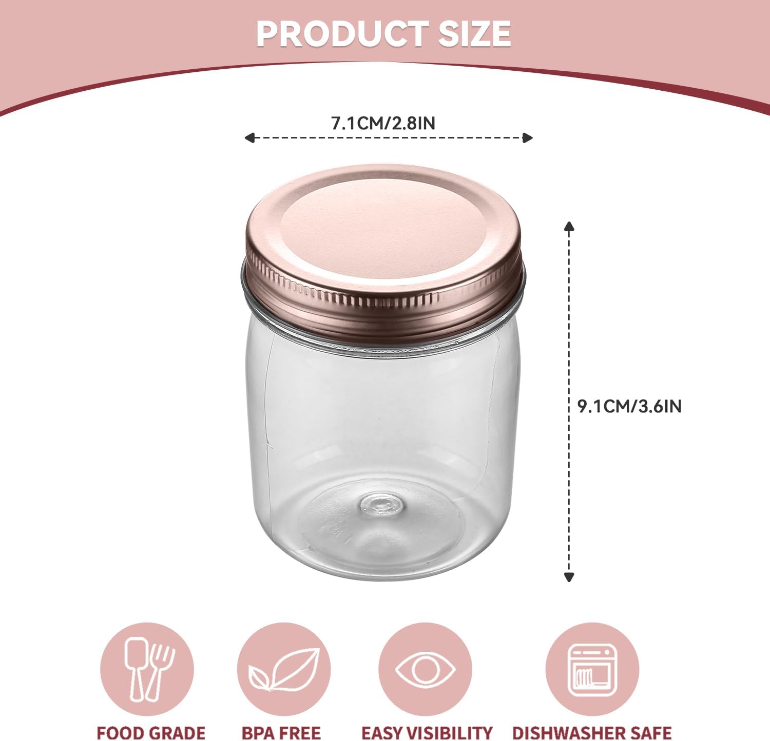 novelinks 8 oz clear plastic jars with airtight lids, 48 pack plastic mason jars with lids 8oz, refillable storage slime containers & small spice jar for kitchen organization (48 pack,rose gold) 48 pack 8 ounce rose gold