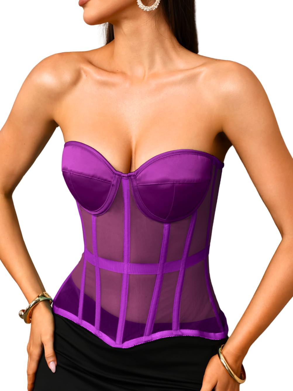 Kaei&amp;Shi Women's Strapless Mesh Corset Top, Padded Lace-Up Bustier