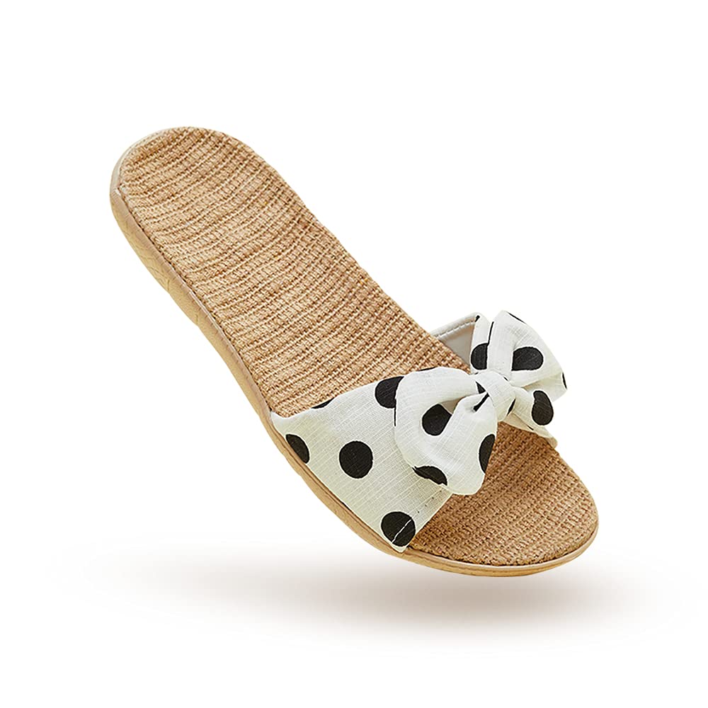Home Slipper Linen Bow Japanese Style for Woman, Cozy Non-Slip Indoor and Outdoor, White, Navy and Green