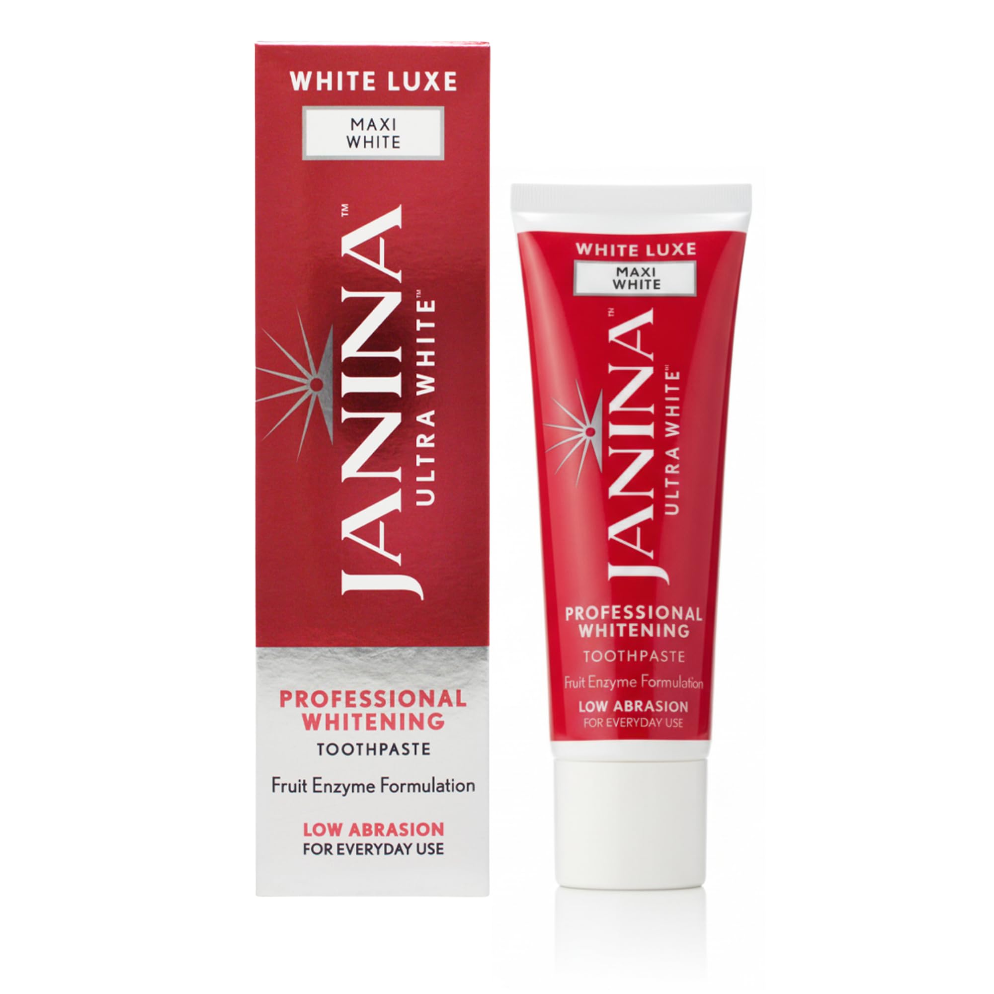 75ml White Luxe Maxi White Toothpaste | Natural Fruit Enzyme Whitening | Low Abrasion Formula | Stain Removal & Plaque Control | Vegan & Cruelty Free