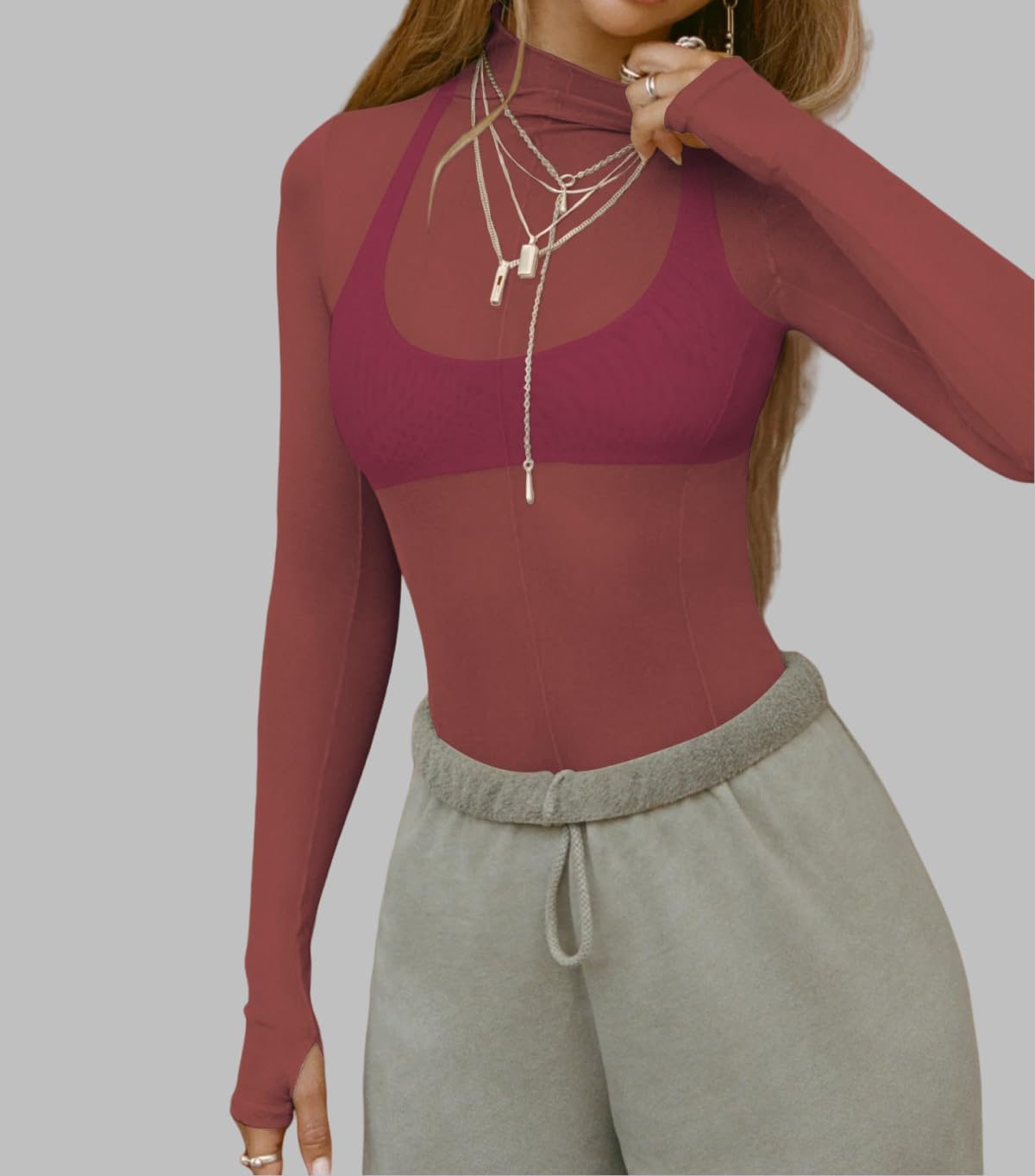 Ahtyeo Womens Mesh Long Sleeve Tops Mock Neck Sexy See Through Tee Shirts Party Club Night Lace Sheer Layering Blouse - Image 3